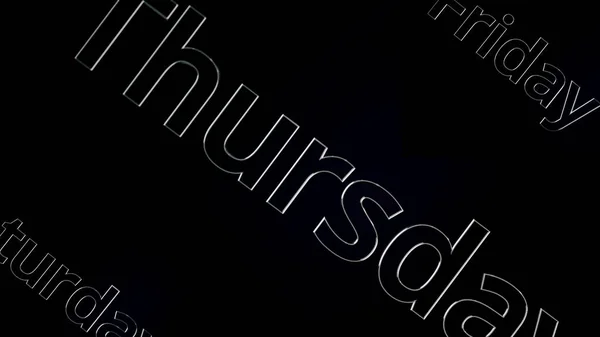 Ημέρα της εβδομάδας Πέμπτη από κεφαλαία γράμματα του γκρι χρώματος, 3d. Λέξη Πέμπτη κινείται σε μαύρο και γκρι φόντο — Φωτογραφία Αρχείου