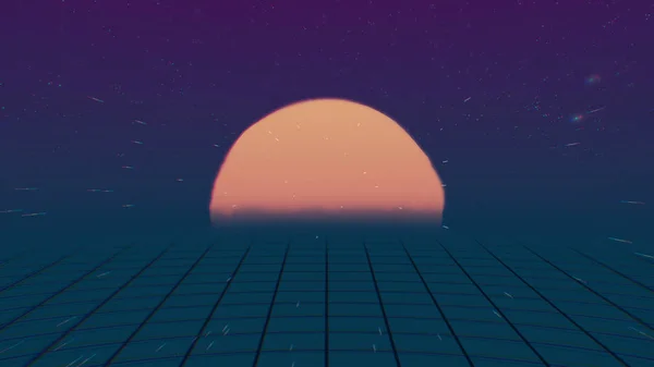 Retro Futuristic.Flight over the grid and sunset. 80s Retro Sci-fi. Retro 80s style grid sun stars old tv screen animation background, new unique vintage beautiful dynamic joyful colorful video.