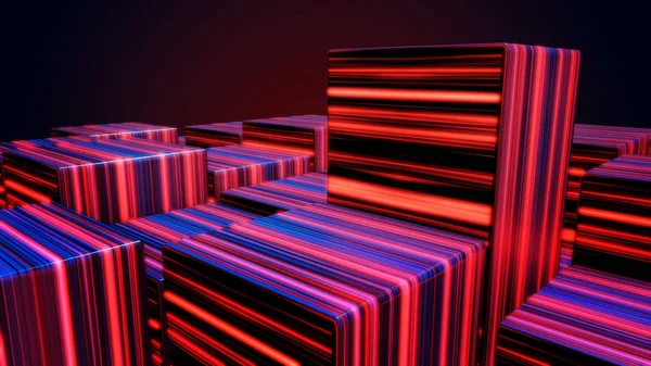 Magical and monochrome boxes made of shining beam. Rainbow LED Background. Neon 80s style abstract cubes animation