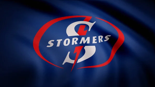 Melambaikan bendera angin dengan simbol tim Rugby the Stormers. Konsep olahraga. Penggunaan penyuntingan saja — Stok Foto
