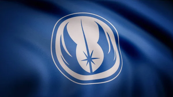 Jedi 오더의 상징 바람 깃발에서 물결치 하는 제다이 주문 상징의 국기의 애니메이션. 스타워즈 테마입니다. 편집 사용 — 스톡 사진