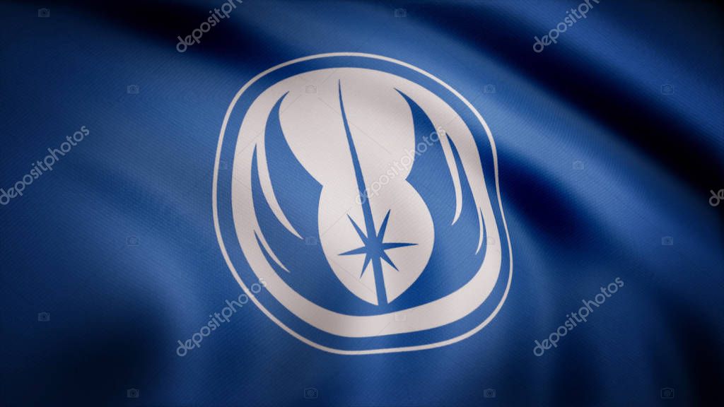Waving in the wind flag with the symbol of Jedi Order. The animation of the flag of the Jedi Order Symbol. The star Wars theme. Editorial only use.