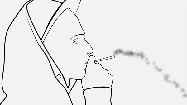 一个抽象的年轻人的剪影在帽子和引擎盖与吸烟和吹烟从他的嘴里。年轻的青少年吸烟者在外形, 查出在白色背景. — 图库照片