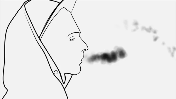 Silueta abstraktní mladý muž v čepici a kapuce s cigaretou kouřit a fouká kouř z úst. Mladý teenager kuřák v profilu, izolované na bílém pozadí. — Stock fotografie