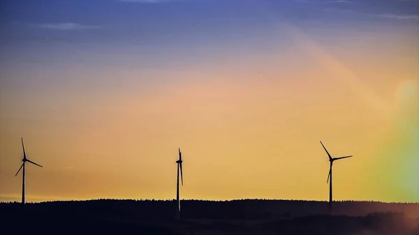 Abstract power windmills on the horizon and a beautiful, golden sunset landscape. Clean and ecological energy generated with the wind of nature through wind turbines, ecology concept.
