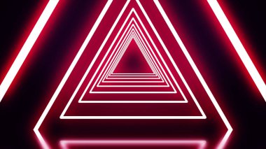 Siyah zemin üzerine kırmızı neon üçgen bir tünel. Soyut neon üçgenler fly away teker teker şekillendirme tünel