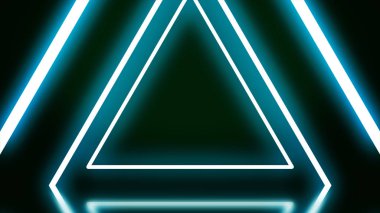 Siyah zemin üzerine kırmızı neon üçgen bir tünel. Soyut neon üçgenler fly away teker teker şekillendirme tünel