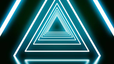 Yeşil neon üçgen siyah arka plan üzerine bir tünel. Soyut neon üçgenler fly away teker teker şekillendirme tünel.