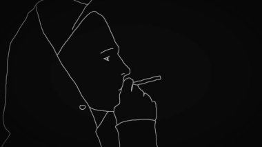 Adam hood ve kap duman Sigara beyaz arka plan üzerinde siyah kontur için kapatın. Sigara içilmeyen bir genç siluet beyaz arka plan üzerinde bir profil görünümü.