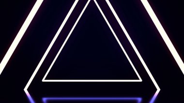 Güzel soyut üçgen tünel ile siyah, beyaz ve mor ışık çizgiler daha yakın geliyor. Siyah arka plan üzerine parlak neon üçgen tüneli üzerinden uçan