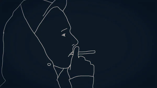 Gros plan pour le contour noir de l'homme en capuche et chapeau cigarette fumant sur fond blanc. Une vue de profil d'une silhouette adolescente fumant de la cigarette sur fond blanc . — Photo