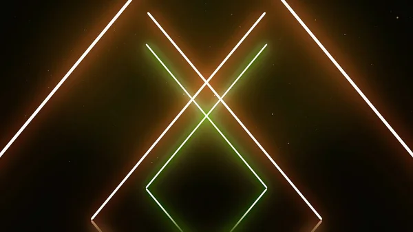 暗い緑と黒の背景の動きでネオン X のアルファベット文字。抽象的な白いネオン記号形式の幾何学的な図 — ストック写真