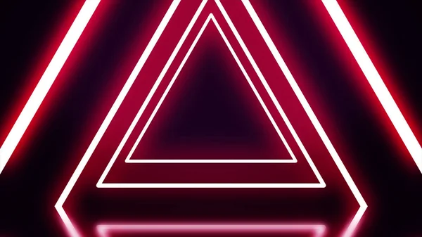 A tunnel of red neon triangles on black background. Abstract neon triangles fly away one by one forming tunnel