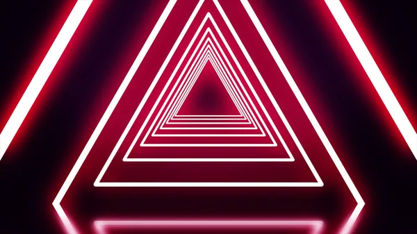 A tunnel of red neon triangles on black background. Abstract neon triangles fly away one by one forming tunnel