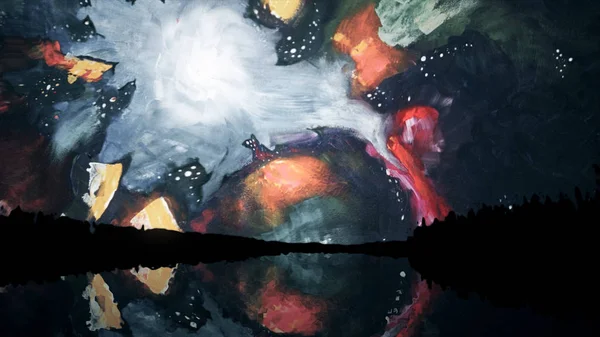 Astratto cielo colorato con forme insolite e forme riflesse nel lago di notte, in stile Salvador Dalì. Scenario astratto di silhouette forestale, macchie colorate sul cielo notturno riflesse nel lago — Foto Stock