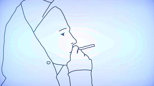 Chiudere per il contorno nero dell'uomo in cappuccio e cappuccio fumare sigaretta su sfondo bianco. Una vista del profilo di una silhouette adolescente che fuma sigarette su sfondo bianco . — Foto Stock