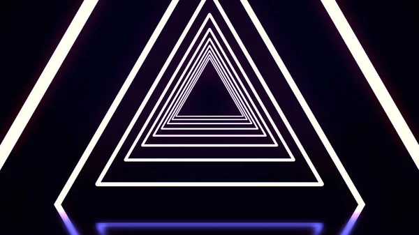 Bellissimo tunnel triangolo astratto con linee di luce nere, bianche e viola che si avvicinano. Volare attraverso tunnel al neon triangolo incandescente su sfondo nero — Foto Stock