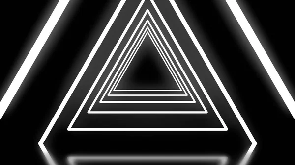 Hermoso túnel de triángulo abstracto con líneas de luz negra, blanca y púrpura acercándose. Volando a través del brillante túnel del triángulo de neón sobre fondo negro —  Fotos de Stock