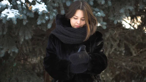 Beautiful woman in fur coat and big, black scarf putting on knitted mittens on green spruce background. Girl in warm, winter clothes wearing black mittens against christmass tree with snowy branches. — Stock Photo, Image