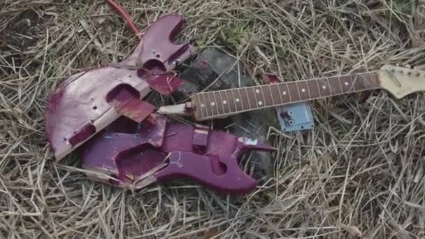 Gros plan pour guitare violette cassée couchée sur du foin flétri, vue de dessus. Des actions. Pièces de guitare électrique cassées pont violet et cou brun sur fond d'herbe flétrie . — Video