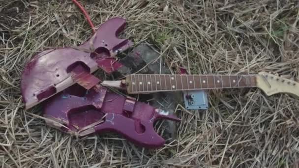 Gros plan pour guitare violette cassée couchée sur du foin flétri, vue de dessus. Des actions. Pièces de guitare électrique cassées pont violet et cou brun sur fond d'herbe flétrie . — Video