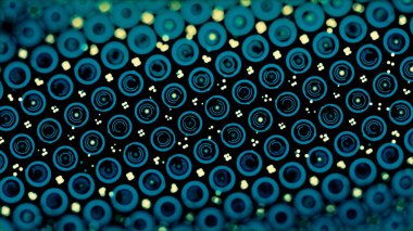 Abstract, colourful, mavi daireler ve kayan nokta, sorunsuz döngü, görünümü top. Neon daireler, koyu mavi renkli dönen soyut elektronik düzeni için yakın çekim.