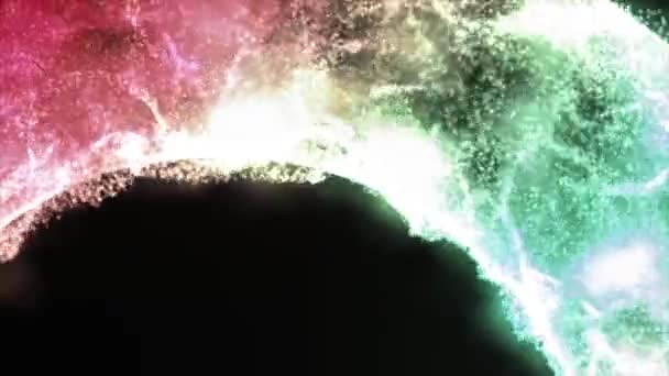 Colorato, luminoso arco 3D rotante con molte particelle bianche che si muovono in un loop a spirale, senza soluzione di continuità. Bella parte di energia astratta di anello, cerchio con piccoli punti in movimento veloce, isolato su sfondo nero . — Video Stock