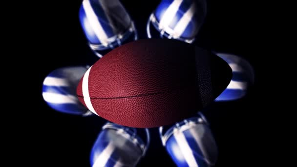 Animación Abstracta Una Pelota Rugby Dobladillos Azules Blancos Girando Haciendo — Vídeo de stock