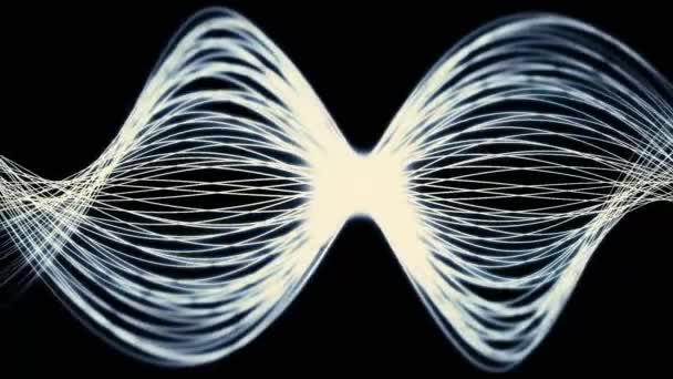 Fibre abstraite, blanche, courbe qui s'étire et se rétrécit sur fond noir. Nombreuses lignes fluo horizontales se transformant en ondes spirales courbées . — Video