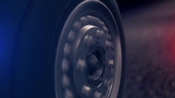 Vista lateral de la rueda de coche abstracta de conducción en carretera negro. Primer plano para rueda de coche con disco plateado moviéndose en carretera asfaltada negra abstracta . — Vídeo de stock