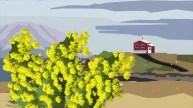 Mimoza çiçek dalları, kırmızı ev ve bulutlar arka plan sanat kavramı üzerinde yüksek dağın siluetleri animasyon çizgi film. Rüzgarda sallanan Mimoza bush.