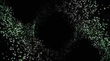 Soyut, yeşil glitter girdap parçacıkların büyük çemberde kurdu. Uçan ve siyah arka plan üzerine bir yüzük şekillendirme alan yıldız tozu.