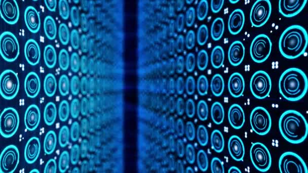 Πολλά ηλεκτρονικά κύκλους. Πολλές μικρές ηλεκτρονικές μπλε κύκλοι σε σκούρο φόντο. Αφαιρετικό animation της ηλεκτρονικά ήχος περιστρεφόμενο κύκλους με φως νέον — Αρχείο Βίντεο