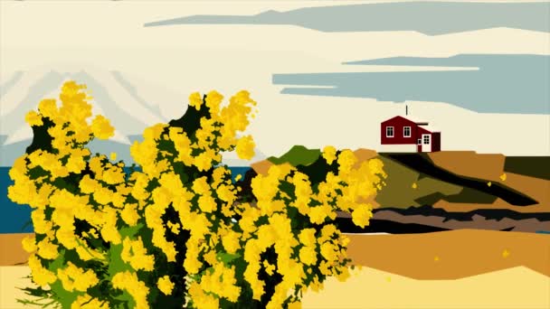 Animación de dibujos animados de ramas de mimosas en flor, siluetas de casa roja y alta montaña en las nubes en el fondo, concepto de arte abstracto. Arbusto de Mimosa balanceándose en el viento . — Vídeo de stock