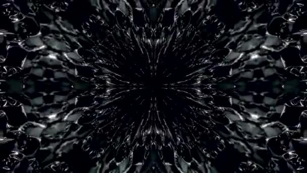 Abstraktes, monochromes, symmetrisches Federmuster auf schwarzem Hintergrund, nahtlose Schlaufe. kaleidoskopisch abstrakte Ovale, die in den Sentral-Punkt gesaugt werden. — Stockvideo