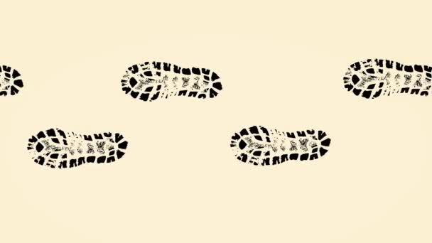 Abstract black footprints of boots on beige background, seamless loop. Many dark steps disappearing on light brown background. — Stock Video