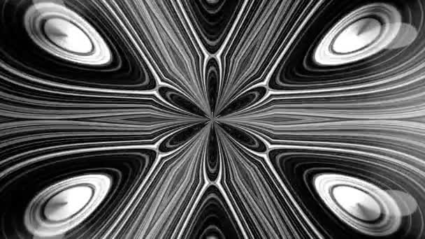 Abstract, monochrome symmetric pattern, ornamental decorative kaleidoscope with moving geometric figures in star shapes, seamless loop. Beautiful illustrated shapes of feathers moving endlessly. — Stock Video