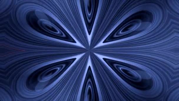 Абстрактный, синий, симметричный узор, декоративный калейдоскоп с движущимися геометрическими фигурами в форме звезды, бесшовный цикл. Красивые иллюстрированные формы перьев, движущихся бесконечно . — стоковое видео