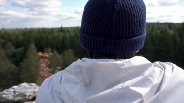 Rear View Mountain Hiker Looking Autumn Landscape Forest Cloudy Sky — Stock Video