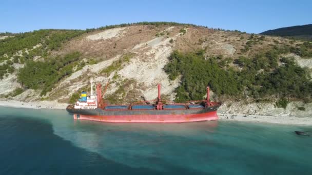 Aerial for an empty industrial ship moored near sea shore with many people walking on a beach. Maritime cargo vessel standing near green trees slope in a summer sunny day. — Stock Video