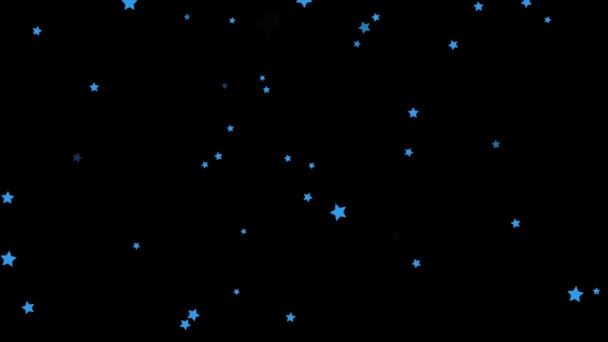 Animación de abstracto, azul de cinco puntas, verde, estrellas de colores que caen sobre el fondo negro. Pequeñas estrellas confeti cayendo caóticamente, lazo sin costuras . — Vídeo de stock