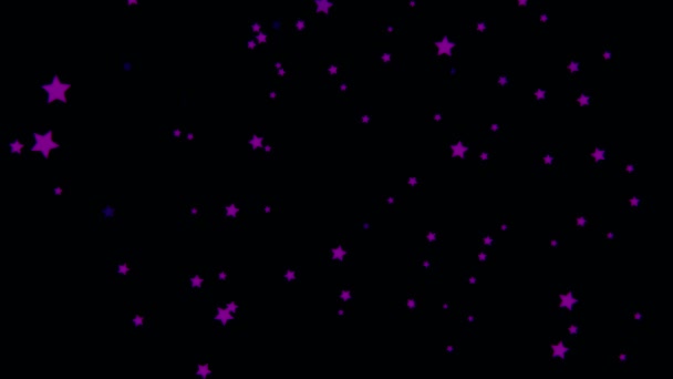 Étoiles brillantes et violettes se déplaçant vers le haut sans fin sur fond noir, dessin animé pour enfants. Petites, belles étoiles volant de bas en haut, boucle transparente . — Video