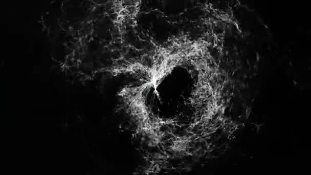 Abstract illustrative stormy white water maelstrom on black background, monochrome seamless loop. Beautiful, spinning water funnel, top view. — Stock Video