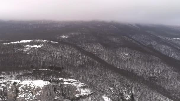 Bonita escena de invierno en las montañas. Le dispararon. Vista superior del paisaje nevado de la montaña en el bosque — Vídeo de stock