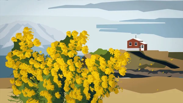 Abstract animation of landscape with yellow tree. Cartoon animation of blooming yellow flowers of tree showering in wind on background of single house on hill and sea with mountains