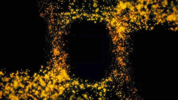 Abstract colored particles moving in circle on black background. Abstraction of alive with shiny sequins moving around opening clear space on black background