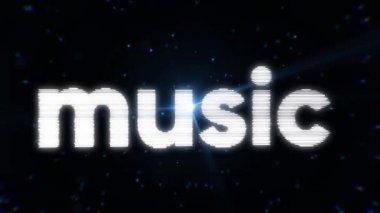 Neon kelime müzik büküm ve siyah arka plan mavi parçacıkları ile zaman zaman açma ve yanıp sönen ışık soyut. Beyaz neon işareti müzik ile küçük, mavi noktalar ve parlak spot.