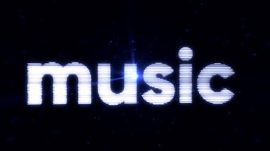 Neon kelime müzik büküm ve siyah arka plan mavi parçacıkları ile zaman zaman açma ve yanıp sönen ışık soyut. Beyaz neon işareti müzik ile küçük, mavi noktalar ve parlak spot.
