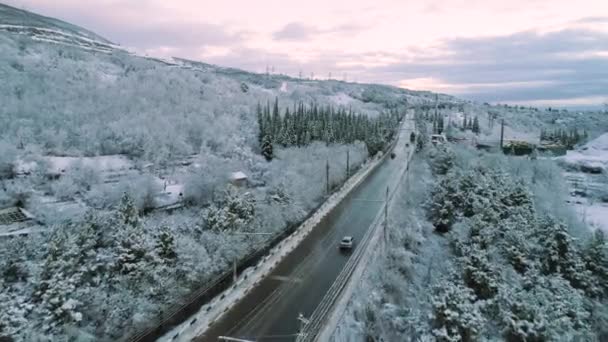 Aéreo para a floresta nevada e um e carro em movimento na estrada de inverno. Atingido. Vista aérea da estrada através de uma floresta de inverno com um veículo em movimento no fundo do céu nublado . — Vídeo de Stock