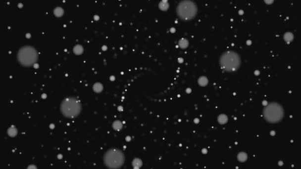 Volando hacia atrás en un túnel espiral abstracto de puntos blancos y partículas sobre fondo negro, monocromo. Puntos de neón brillantes en embudo retorcido . — Vídeos de Stock